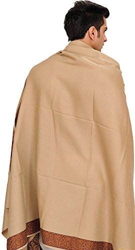 Exotic India Plain Men's Shawl with Brown Woven Border - Pure Wool - color: Khaki