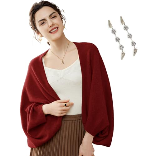 Fuxiqar Wrap Sweater for Women Warm Shawl Blanket Scarf with Sleeves Poncho Pashmina Shall with Two Shawl Clips - color: Red