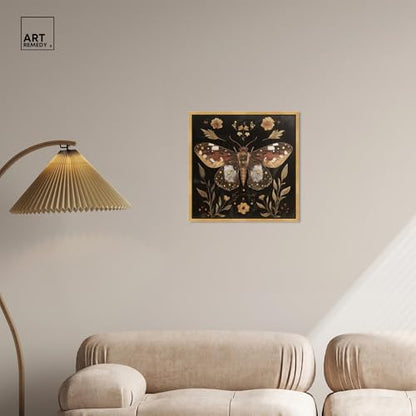 Moth and Moonflowers Canvas Folk Art Prints, Gold Frame, 20" x 20" - color: Gold Frame, size: 21"L x 21"W
