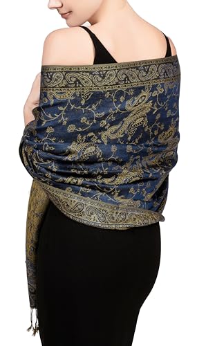 Achillea Reversible Paisley Pashmina Rave Scarf – Exotic Indian Shawls and Wraps for Evening Dresses, Festivals, All Seasons - color: Light Navy