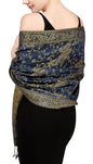 Achillea Reversible Paisley Pashmina Rave Scarf – Exotic Indian Shawls and Wraps for Evening Dresses, Festivals, All Seasons - color: Light Navy