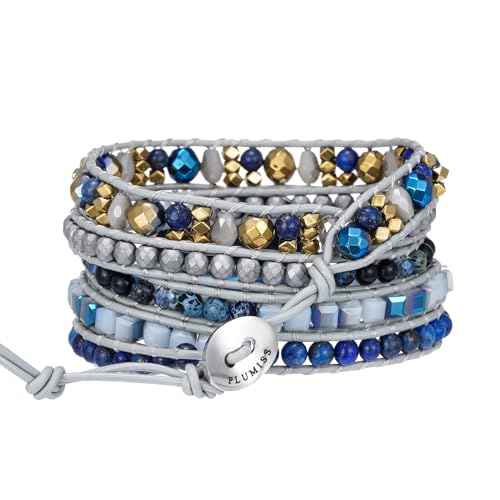 Women Boho Handmade Natural Stone Crystal Leather Bead Wrap Bracelets Collection - style: Blue Labradorite 5W