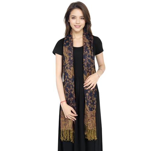 MUQU Women Pashmina Shawls and Wraps Scarf Soft Silky Reversible Paisley Scarves Shawl for Women - color: Navy Blue-a