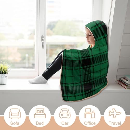 Scottish Tartan Plaid Green Large Size Comfortable Hooded Blanket, Warm Blanket 60"x80" - color: Scottish Tartan Plaid Green, size: 60"x80"