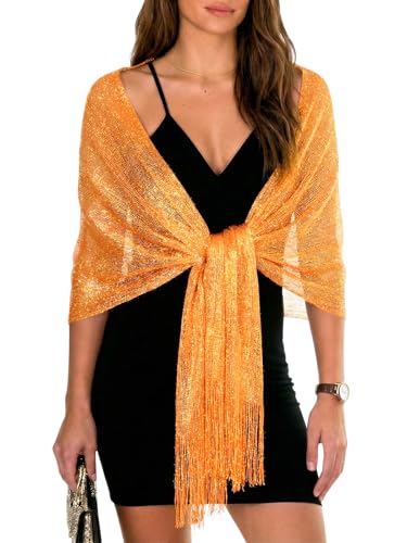 Sumolux Shawls Wraps for Evening Dresses Metallic Glitter Shawls Scarf for Women Sparkling Wedding with Free Buckle - color: Orange