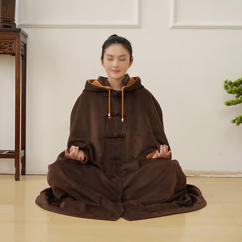 Meditation Hooded Cloak Loose-Fit Comfortable Warm Fleece Prayer Robe Women Men Oversize Button Capes Coat - color: Coffee, size: Large