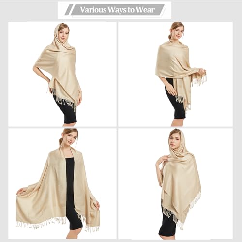 Silky Paisley Pashmina Shawl Scarf-Women's Soft Double-side Jacquard Pashminas Wrap for Evening Dress Travel Shawl - color: A-champagne Gold