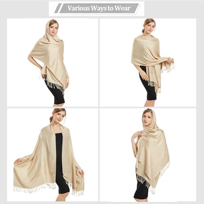 Silky Paisley Pashmina Shawl Scarf-Women's Soft Double-side Jacquard Pashminas Wrap for Evening Dress Travel Shawl - color: A-champagne Gold