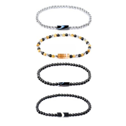 Natural Stone 4mm Round Beads Agate Adjustable Braided Elastic Rope Bracelets Unisex for Men Women - color: Color1-4pcs