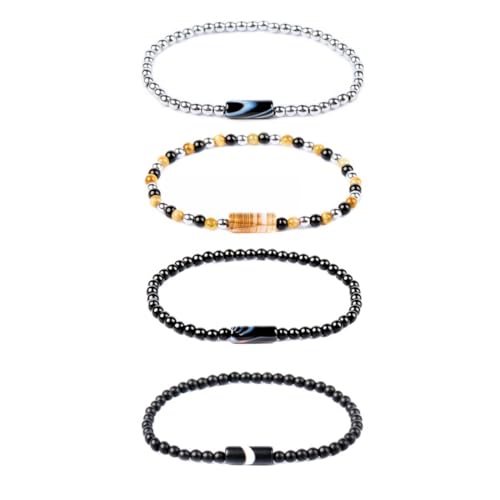 Natural Stone 4mm Round Beads Agate Adjustable Braided Elastic Rope Bracelets Unisex for Men Women - color: Color1-4pcs