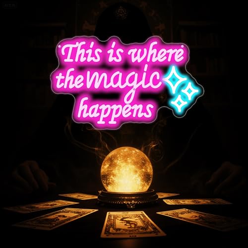 This Is Where The Magic Happens LED Neon Sign, USB Dimmable Pink Magic Quote Wall Decor for Bedroom Studio Apartment Bar Game Room Salon Party Yoga studio Valentine Gifts Spa Decor Sign-16.8" x 10.2" - color: This Is Magic-Pink