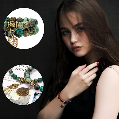 Bivei Natural Semi Precious Gemstone beads bracelet for women - Life Tree and Leaf Charm Energy Reiki Crystal Stretch Bracelets - color: African Turquoise Bracelet Set, size: Large:7.87-8.26inch