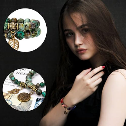 Bivei Natural Semi Precious Gemstone beads bracelet for women - Life Tree and Leaf Charm Energy Reiki Crystal Stretch Bracelets - color: African Turquoise Bracelet Set, size: Large:7.87-8.26inch