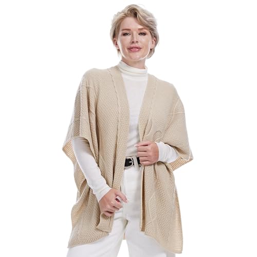 MissShorthair Knit Shawl Wraps for Women Boho Crochet Shawls Cape Open Front Cardigan - color: Beige 2