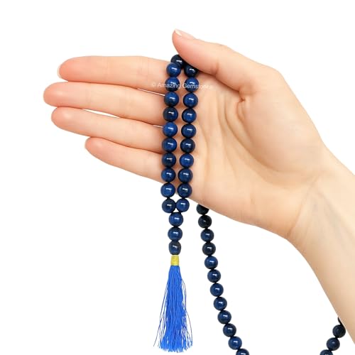 Amazing Gemstone Japa Mala 108 Prayer Beads Necklace and Wrist Mala Bracelet for Meditation - color: Blue Tiger Cats Eye, size: Without Knots