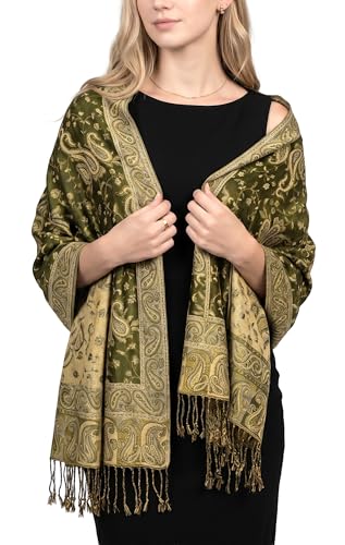 Achillea Reversible Paisley Pashmina Rave Scarf – Exotic Indian Shawls and Wraps for Evening Dresses, Festivals, All Seasons - color: Dark Olive