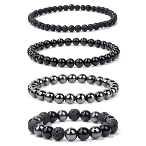 4pcs Beaded Bracelets for Women,Natural Healing Crystal Gemstones Bracelet,Anxiety Stress Relief Bracelet Handmade purple Jewelry Gifts for Women - color: Hematite&Black agate&Lava Rock