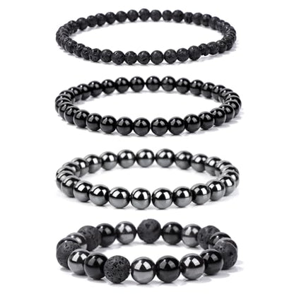 4pcs Beaded Bracelets for Women,Natural Healing Crystal Gemstones Bracelet,Anxiety Stress Relief Bracelet Handmade purple Jewelry Gifts for Women - color: Hematite&Black agate&Lava Rock