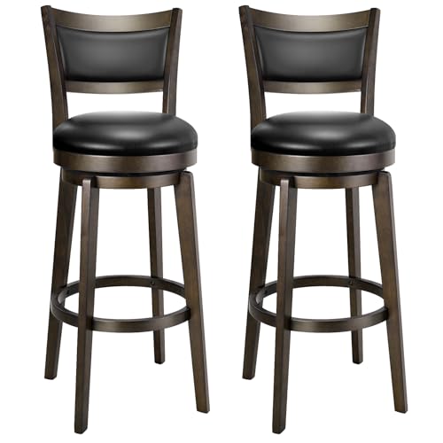 PrimeZone Swivel Bar Stools Set of 2, 32 Inch Tall Bar Height Barstools, Black Faux Leather Bar Stool with High Backrest & Solid Wood Legs & Wrap-Around Footrest, Counter Stools for Pub - size: 32" Tall Bar Height