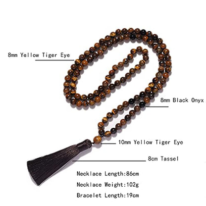 108 Mala Prayer Beads Necklace 8mm Natural Stones Meditation Yoga Jewelry Sets 108 Hand Made Japa Mala Beaded Long Tassel Necklace with Tassel Pendant for Men and Women - color: Yellow Tiger Eye+Black Onyx