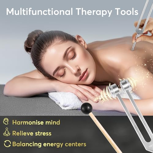 Tuning Forks for Healing Set (128Hz, 256Hz, 512Hz), Weighted Tuning Fork for Sound Therapy/Meditation/Yoga and Chakra with Mallet, Storage Pouch & Instruction Manual (Silvery)