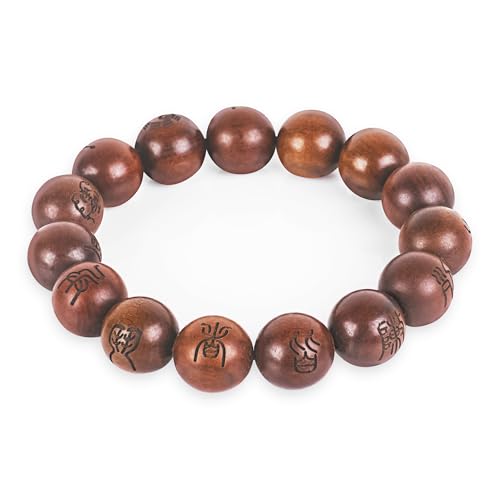 Hand-Inlaid Jujube Wood Scripture Bracelet – Yin-Yang Om Carved Buddhist Meditation Beads with Sacred Symbols, Natural Earth Tone Jewelry for Spiritual Protection & Mindfulness.