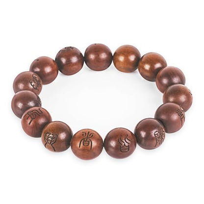 Hand-Inlaid Jujube Wood Scripture Bracelet – Yin-Yang Om Carved Buddhist Meditation Beads with Sacred Symbols, Natural Earth Tone Jewelry for Spiritual Protection & Mindfulness.