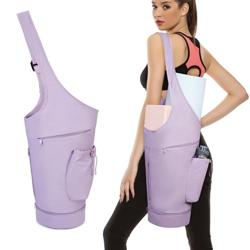 sportsnew Yoga Mat Bag, Large Opening Long Tote Yoga Mat Carrier Holder Bag with Waterproof Wet Pocket and Drawstring Water Bottle Pocket, Adjustable Shoulder Strap Storage Bag, patent pending - color: Purple