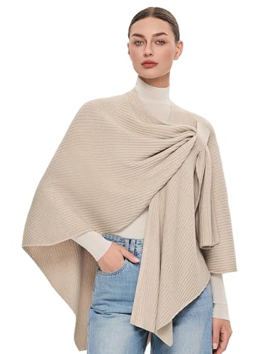 PULI Womens Elegant Cross Front Shawl Wraps Knitted Ponchos Cape Light Weight Poncho Sweater Soft Warm Travel Wraps - color: Rib-barley Twist