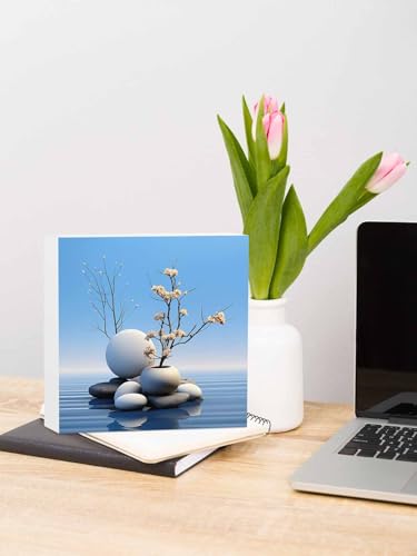 Wood Box Sign Desk Decor, Lake Stone Overlay with Vases Zen Buddhism Decorative Wooden Block Box Sign Decorations for Home Office Shelf Table Decor 6x6 Inches