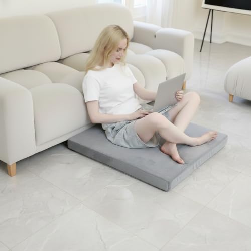 Velvet Zabuton Meditation Mat - Large Floor Pillow for Adults & Yoga Meditation Cushion - High Density Foam Floor Seating with Washable Cover, 31x31 Inch (Gray)