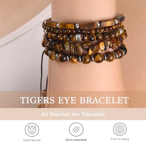 5Pcs Healing Crystal Bracelet for Women Men, Handmade Adjustable Gemstone Bracelets Beaded Reiki Energ Bracelet Set Jewelry Gifts for Women Men - color: Tigers Eye