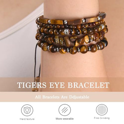 5Pcs Healing Crystal Bracelet for Women Men, Handmade Adjustable Gemstone Bracelets Beaded Reiki Energ Bracelet Set Jewelry Gifts for Women Men - color: Tigers Eye