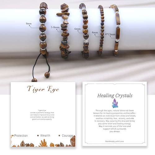 5Pcs Healing Crystal Bracelet for Women Men, Handmade Adjustable Gemstone Bracelets Beaded Reiki Energ Bracelet Set Jewelry Gifts for Women Men - color: Tigers Eye