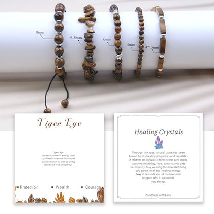5Pcs Healing Crystal Bracelet for Women Men, Handmade Adjustable Gemstone Bracelets Beaded Reiki Energ Bracelet Set Jewelry Gifts for Women Men - color: Tigers Eye