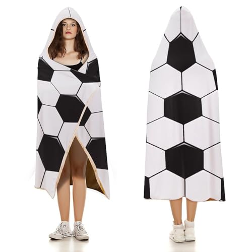 Soccer Ball White and Black Large Size Comfortable Hooded Blanket, Warm Blanket 50"x60" - color: Soccer Ball White and Black, size: 50"x60"