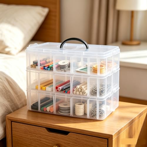 3-Tier Stackable Storage Container Box with Dividers-30 Compartments, Bead Organizers with Latch Lid for Art Craft Storage, Washi Tape, Ornaments, Jewelry, Beauty & Sewing Supplies