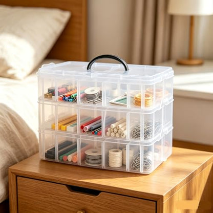 3-Tier Stackable Storage Container Box with Dividers-30 Compartments, Bead Organizers with Latch Lid for Art Craft Storage, Washi Tape, Ornaments, Jewelry, Beauty & Sewing Supplies