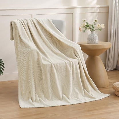 Super Soft Flannel Fleece Throw Blanket, Lightweight Cozy Warm Leaves Textured Plush Blanket for Bed Couch Sofa, 60 x 80 Inches, Linen - color: Linen, size: 60x80 IN