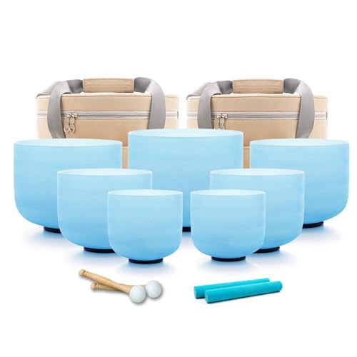 Hye-eun 7PCS 432Hz Crystal Singing Bowl Set, 6-12 inch Blue Frosted Quartz Sound Bowls for Chakra Healing Meditation Yoga Stress Relief with Bags - color: 6-12inch 432hz Blue 7PCS