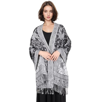 MUQU Women Pashmina Shawls and Wraps Scarf Soft Silky Reversible Paisley Scarves Shawl for Women - color: Black+white