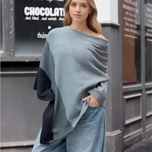 MissShorthair Knit Shawl Wraps for Women Boho Crochet Shawls Cape Open Front Cardigan - color: Gray Green Gradient Striped