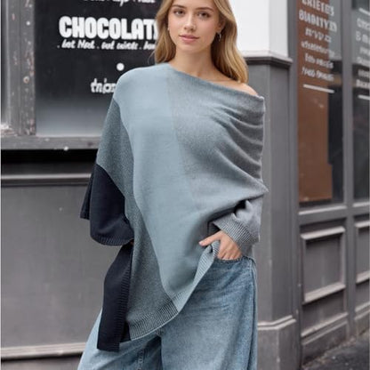 MissShorthair Knit Shawl Wraps for Women Boho Crochet Shawls Cape Open Front Cardigan - color: Gray Green Gradient Striped