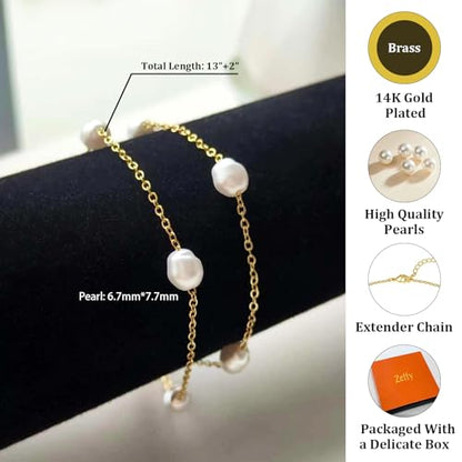 Zeffy Gold Pearl Beaded Bracelet for Women, 14K Gold Plated Jewelry Set With Paperclip Link Chain, Trendy Stack Bracelets - style: Double-Layered Pearl Bracelet