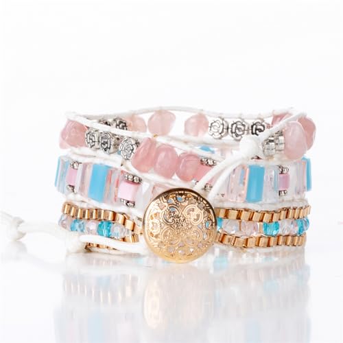 YGLINE Natural Stone Wrap Bracelet for Women Boho Bracelets Healing Crystal Beaded Bracelet Adjustable 3/5 Wraps Bracelet Handmade Birthday Gifts for Women - color: blue＆pink