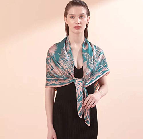 ANDANTINO 100% Pure Mulberry Silk Scarf 35" Large Square Lightweight Headscarf –Women’s Hair Wraps-With Gift Packed - color: Blue & Pink Leaves