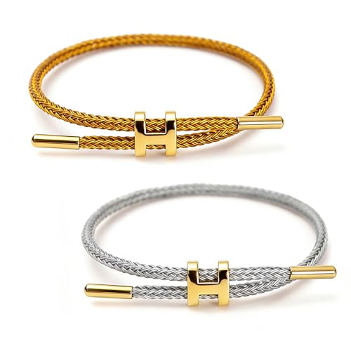 Steel Bracelet Link, Adjustable H-shape Wire Rope Bracelet, Lucky Jewelry with Titanium Buckle for Birthday, Valentine's, Graduation, Fashion Gift for Women, Men, Lovers, Friends - color: gold&silver