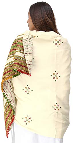 Exotic India Shawl from Kutch with Embroidered Bootis and Mirrors - Wool - color: Vanilla Custard