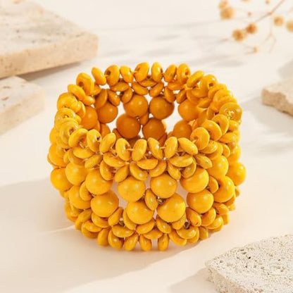 Zian Bohemian Wooden Beaded Bracelets for Women Handmade Colorful Wide Chunky Elastic Stretch Bracelets Boho Wristband Summer Beach Jewelry - color: Yellow