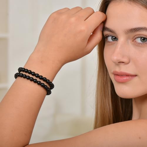 14in Agate Wrap Bracelet for Women Men Natural Round Beaded Agates Stone Healing Stretch Bracelets Elastic Handmade Polished Gemstone Beads Bracelet - color: Black Agate, size: 6mm Beads